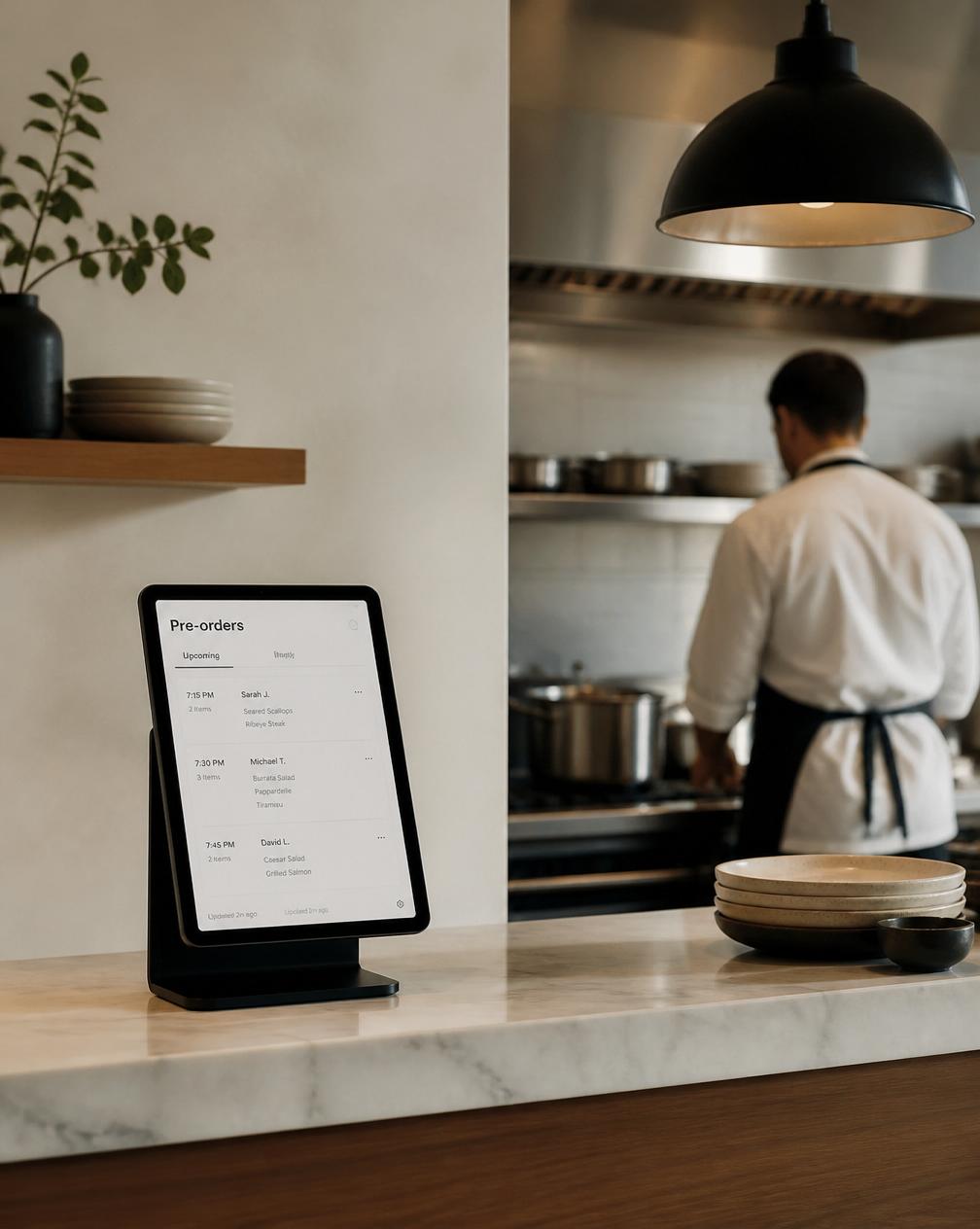 A restaurant kitchen tablet showing incoming Skipick pre-orders